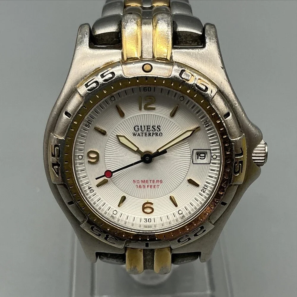 Guess Waterpro Womens Watch 28mm White Dial Two Tone 50M New Battery 5.5